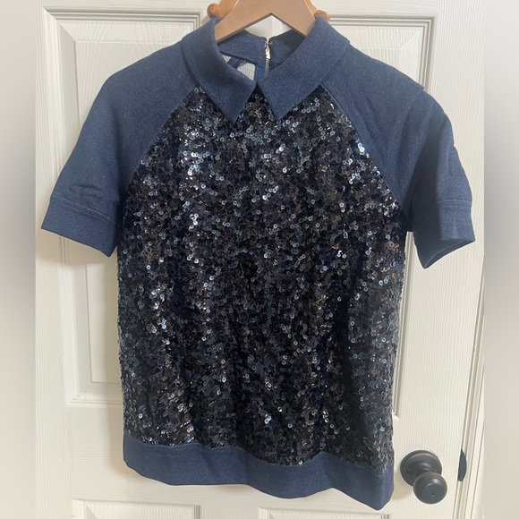Kate Spade Milo Midnight Blue Sequin Collar Top - Picture 1 of 6